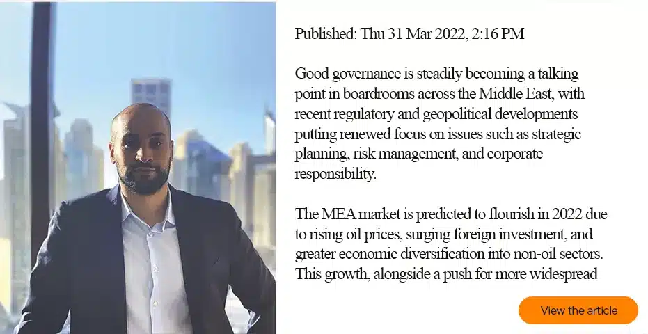 Yacine Gouich, CEO of DiliTrust Middle East posing in front of Dubai's skyline explaining how good corporate governance is a key topic for the MEA market. 