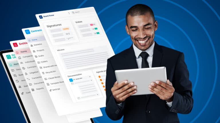 Gremienmanagement-Software von DiliTrust mit E-Signaturen, Abstimmungen und Protokollen, daneben eine Führungskraft mit Tablet
