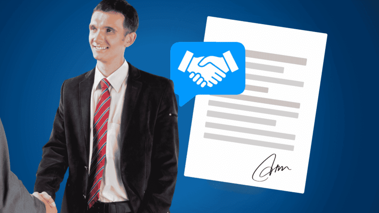 Businessperson standing beside a signed document with a handshake icon.