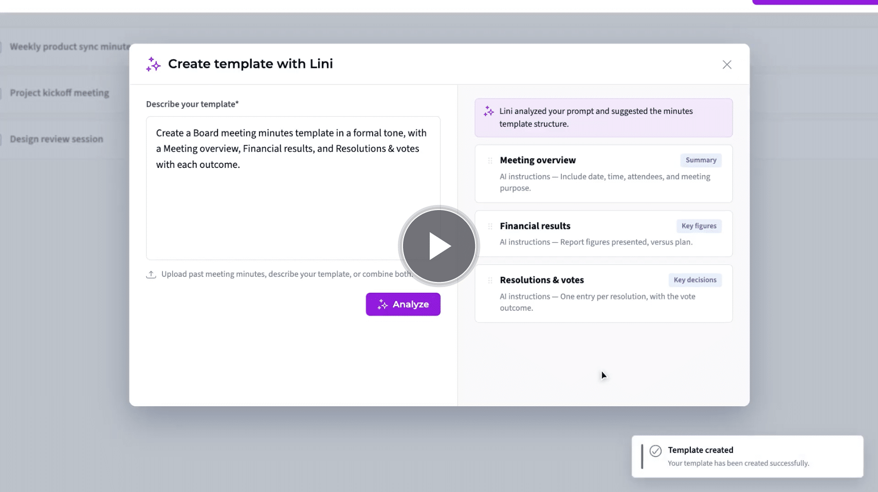 DiliTrust Board Portal: Lini suggests a board minutes template with meeting overview, financial results and resolutions sections