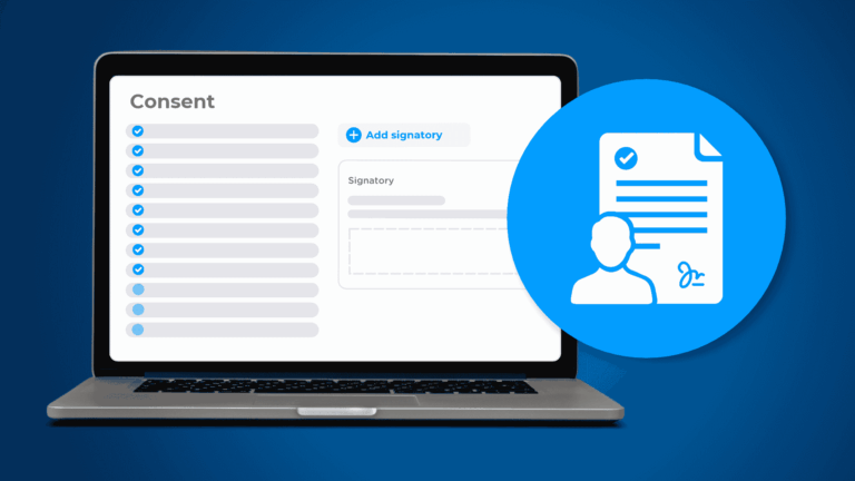 Laptop displaying a consent workflow with multiple signatories and an “Add signatory” option.