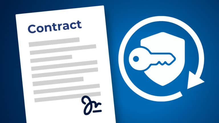 Unterschriften im Auftrag: unterzeichneter Vertrag neben einem Schutzschild mit Schlüssel als Symbol für Vertretungsbefugnis