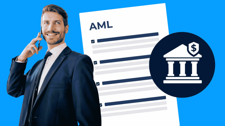 Anti-money laundering (AML) compliance: business professional beside an AML checklist and financial security icon.