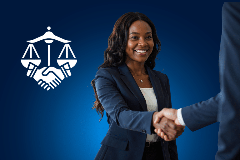 Business professional shaking hands, representing legal trust and partnership