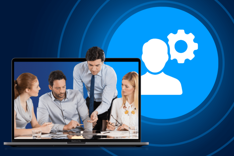 Business team meeting in front of a laptop with a person and gear icon in the background.