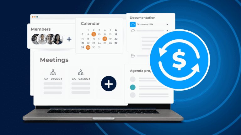 A laptop displays board management tools for members, calendars, meetings and documentation, alongside a blue circular-arrows icon with a dollar sign.
