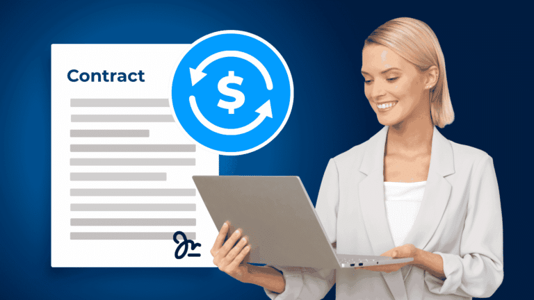 A smiling woman holds a laptop beside a contract document and a blue circular-arrows icon with a dollar sign.
