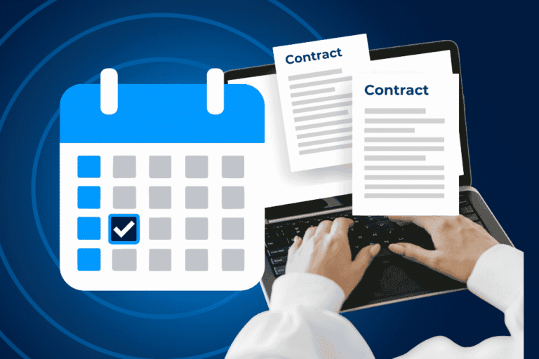 Calendar with a checkmark and contract documents on a laptop, illustrating a contract commencement date.
