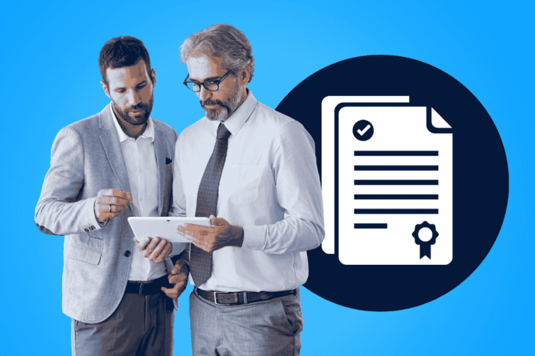 Two legal professionals reviewing a company secretarial file on a tablet