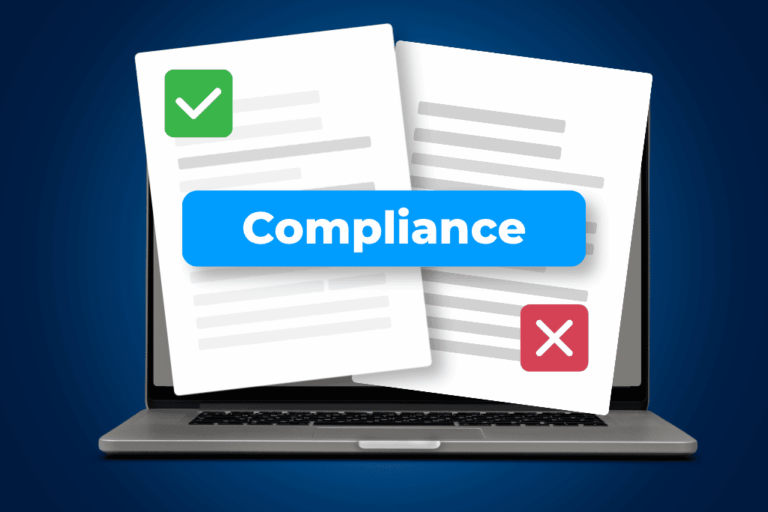 Compliance vs non-compliance: two documents on a laptop screen — one marked with a green checkmark for compliance, one with a red X for non-compliance