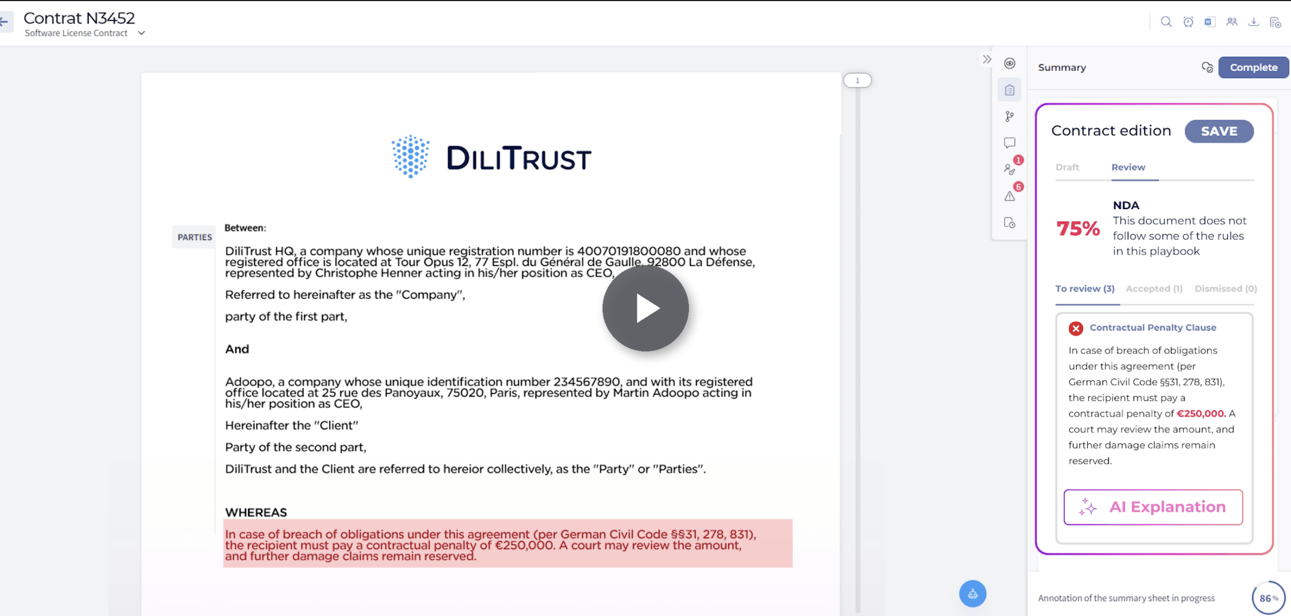 DiliTrust contract review screen showing an AI-identified contractual penalty clause highlighted in red, with an AI explanation panel open on the right and a grey play button centered over the image.