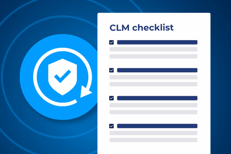 CLM checklist for evaluating contract management vendors, featuring a security shield and completed checklist items.
