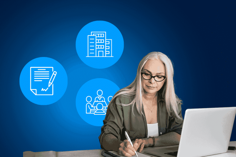 A corporate professional managing resolutions and governance tasks digitally, with icons representing documents, entities, and teams.
