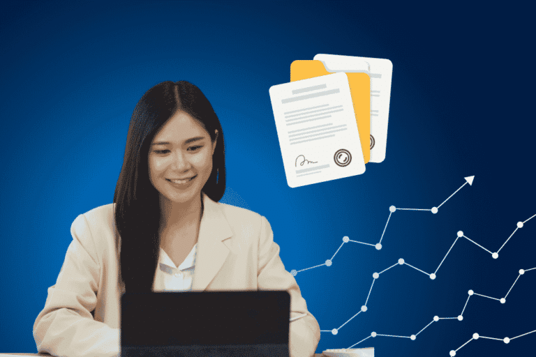Woman using corporate secretary software on laptop with contract documents and growth chart icons