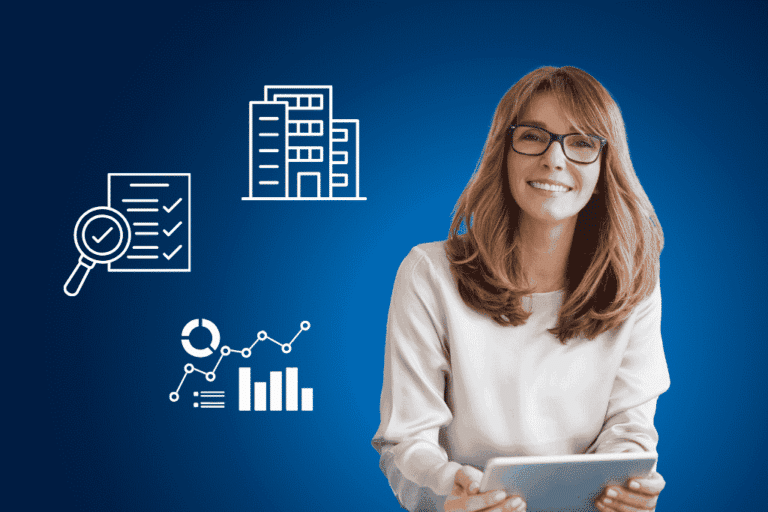 Professional woman holding a tablet surrounded by data audit icons