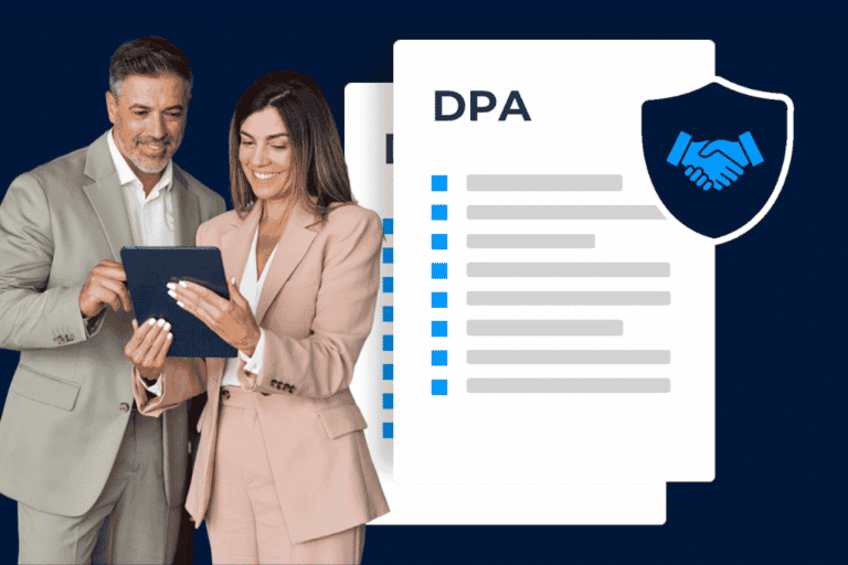 Two professionals reviewing a tablet beside a document labelled “DPA” and a shield icon symbolising data protection.