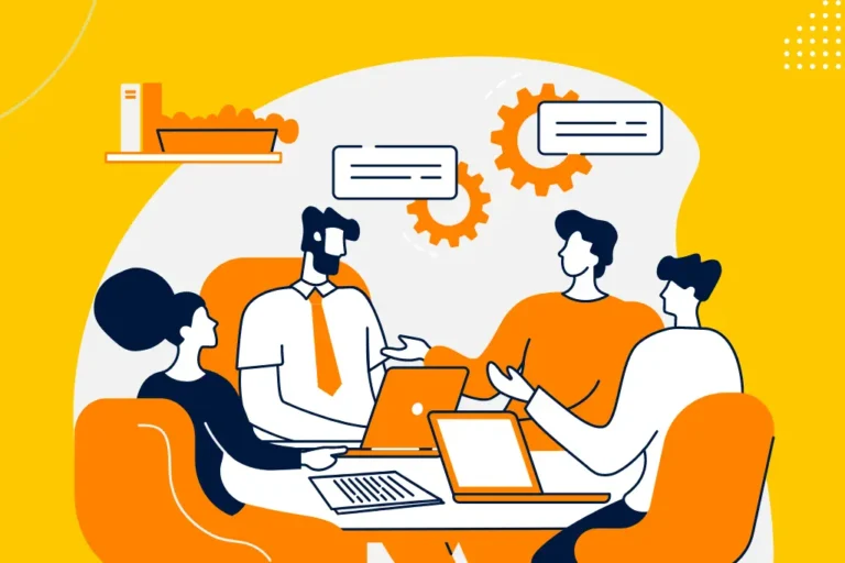 An illustration of 4 people sitting around a table during their board meeting, there are speech bubbles to show discussion and cogwheels to display productivity.