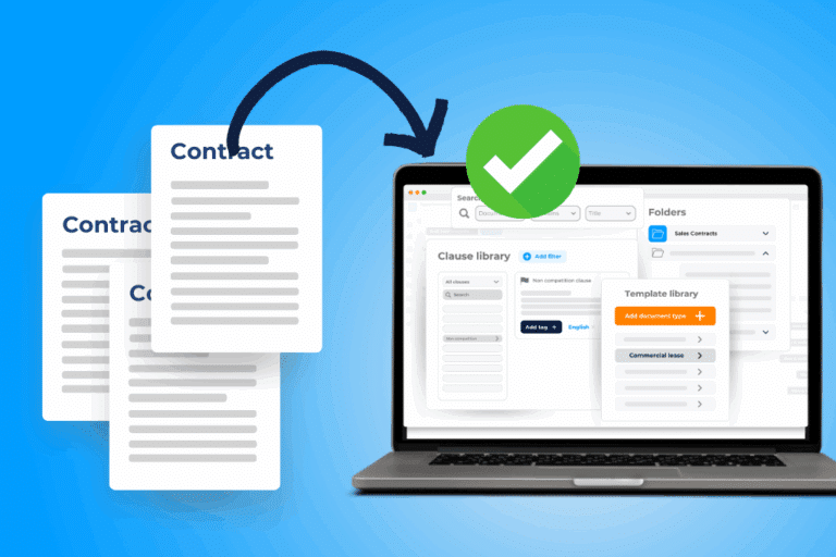 Legal professionals analyze digital contracts on a dashboard, representing strategic contract management to enhance business resilience.