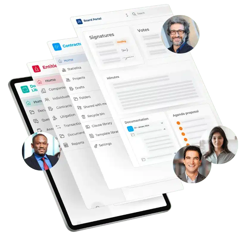 Suite wireframe with people for showcase the benefits of the features, a solution for Corporate and Legal Activities