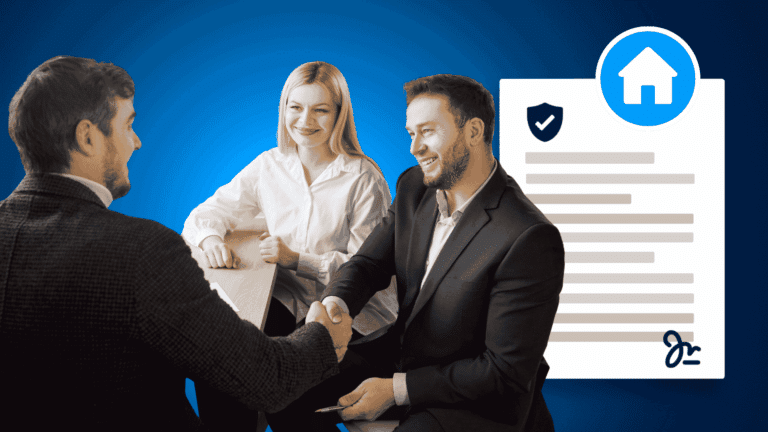 Business partners signing an escrow agreement with a security shield and home symbol
