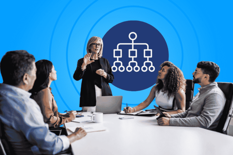 Business team in a boardroom meeting with a woman presenting corporate governance structure, representing the role of a fractional general counsel in managing legal and board operations