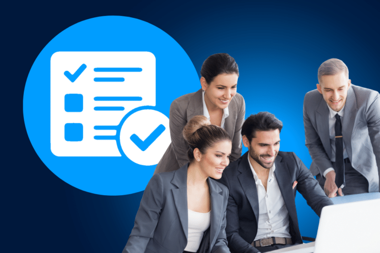 Business team working together on a laptop next to a checklist icon representing good corporate governance practices.