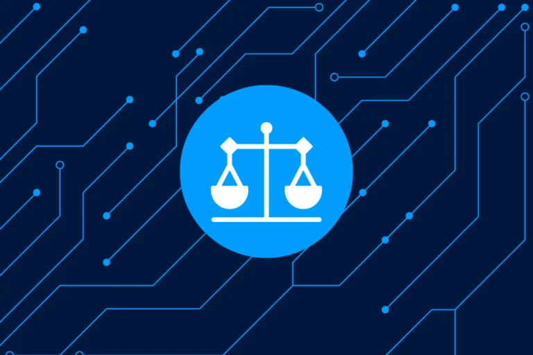 An illustration of the scales of justice on a background of lines and dots representing technology vectors. This image represents the question of ai ethics and regulation.