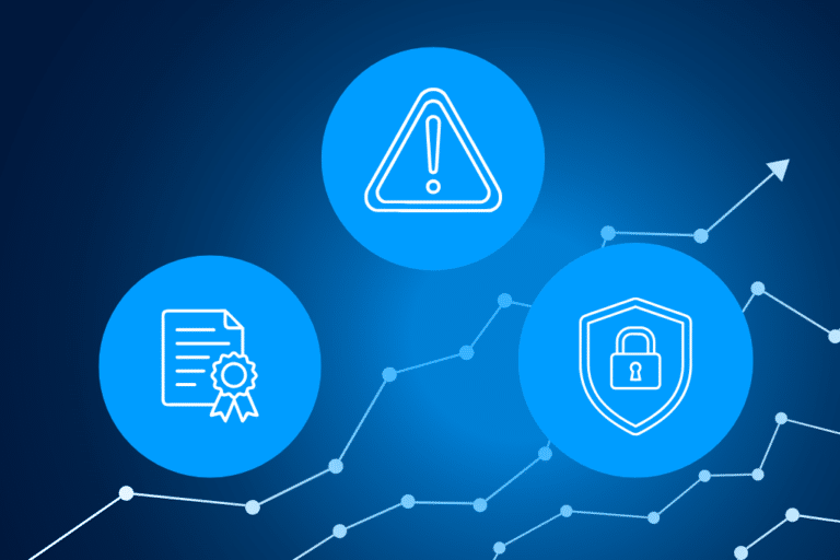 Three icons representing the core pillars of ISO 31000 risk management: risk identification, regulatory compliance, and data security