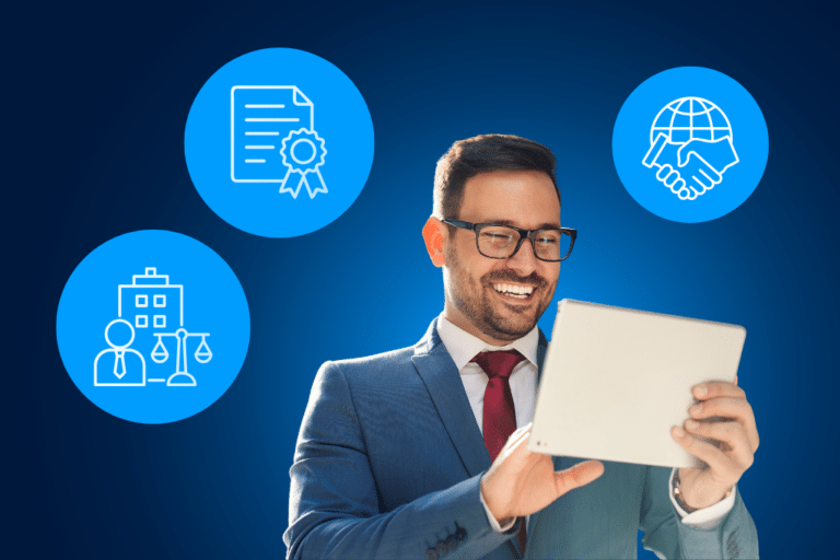 Professional using a tablet with legal certification, global, and compliance icons representing legal entity identifiers.