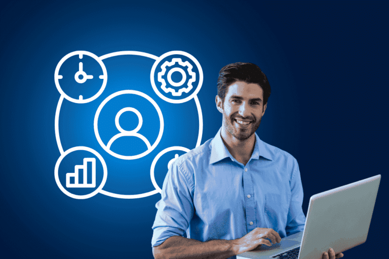 Professional using legal project management software on a laptop, with icons representing time tracking, workflow automation, reporting, and user management