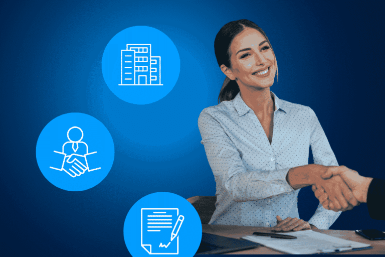 Geschäftsfrau beim Handschlag im M&A-Prozess mit Icons für Unternehmen, Vertragsverhandlung und Dokumentenmanagement