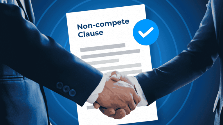Business partners signing a non-compete clause with a blue checkmark