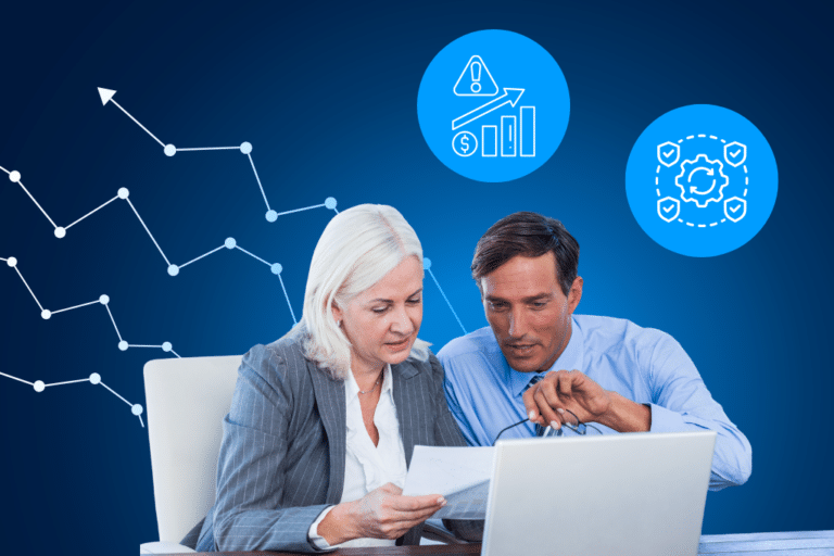 Two business professionals reviewing documents and a laptop, with icons representing financial risk monitoring and compliance controls, illustrating RCSA risk management in a corporate setting.