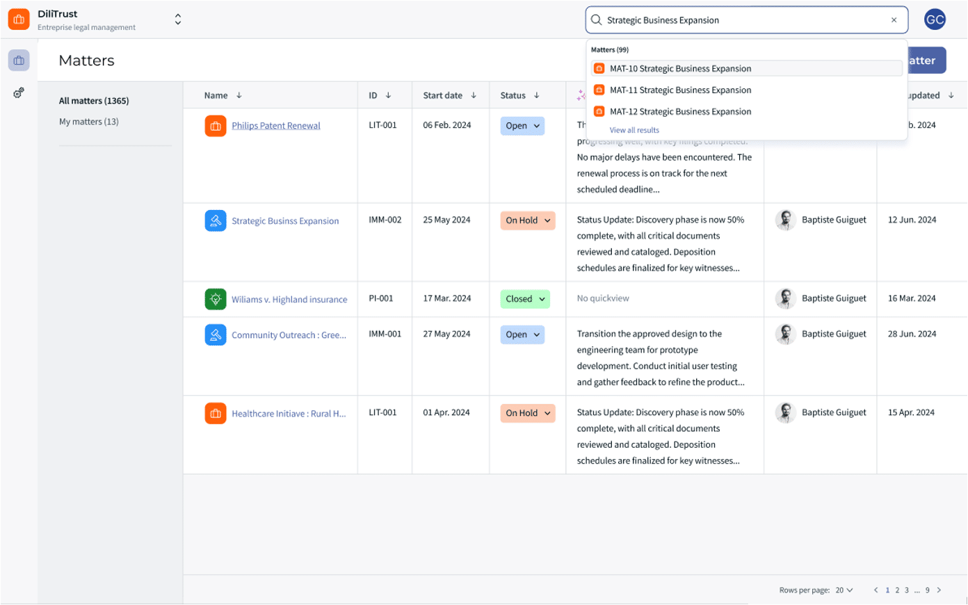 Search engine matter management