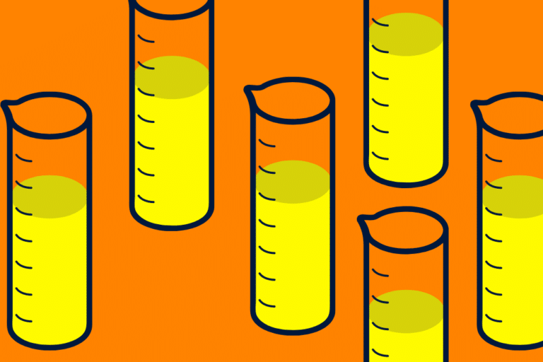 An illustration in orange and yellow representing beakers, a common object in the pharmaceutical industry.