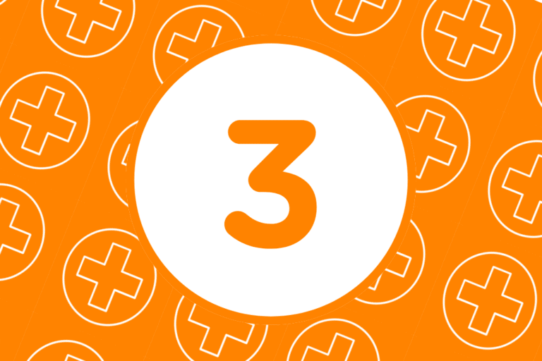 The orange illustration represents the number 3 on an orange background with the pharmaceutical cross. It represents the Best Practices for Streamlined Contract Management in the Pharmaceutical Industry