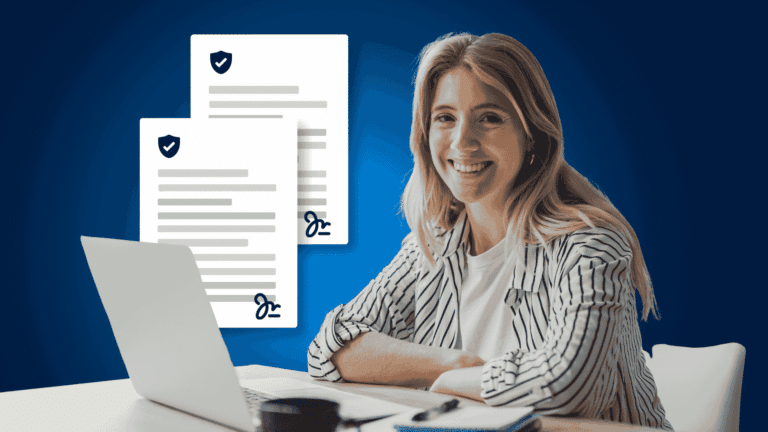 Warranty and indemnity (W&I) insurance: smiling woman working on a laptop beside secured contract documents with shield icons and signatures.