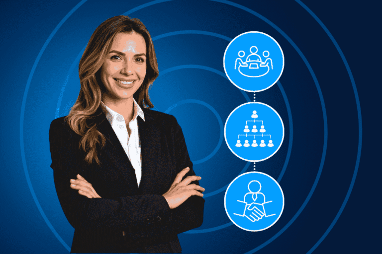 Professional woman in a business suit next to icons representing board governance, corporate hierarchy, and subsidiary management — key elements of managing a wholly owned subsidiary